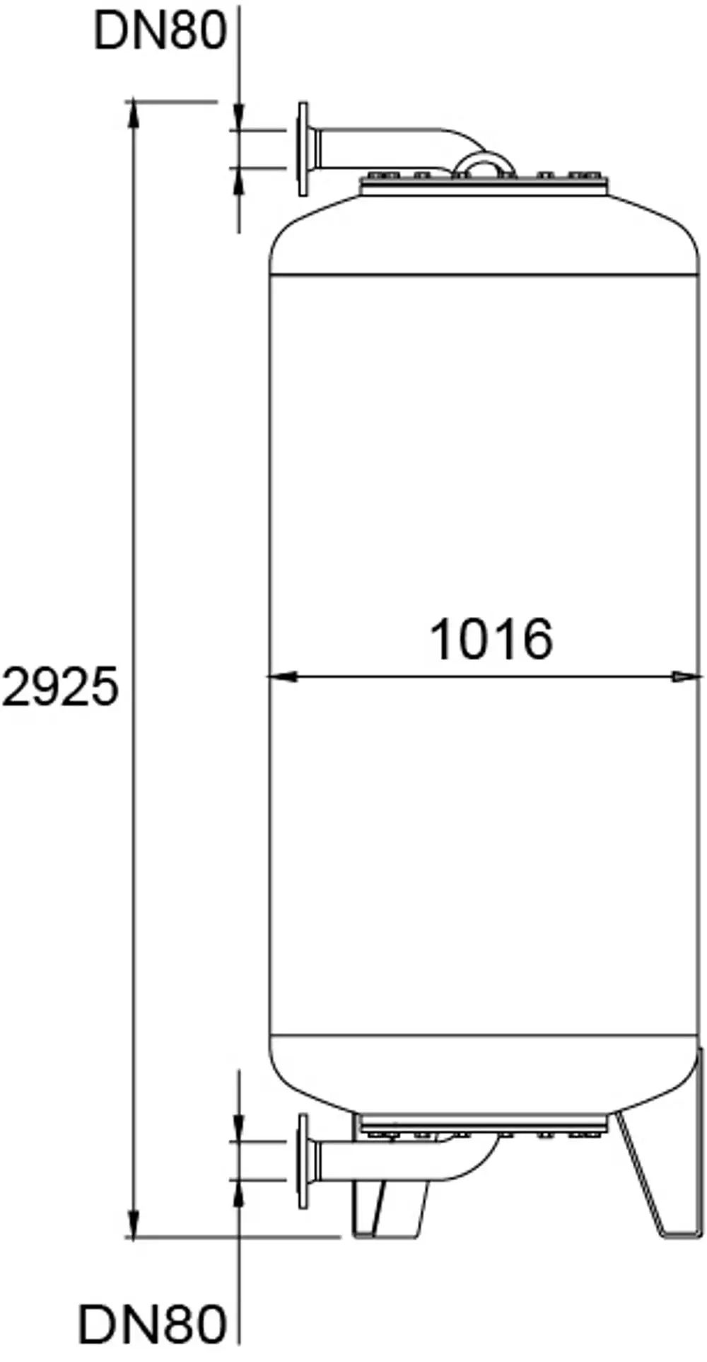Rohrförmiger Druckausdehnungsbehälter von IMI Hydronic Engineering mit Anschlussgröße DN80, maßliche Angabe auf der Zeichnung, klare Linienführung.